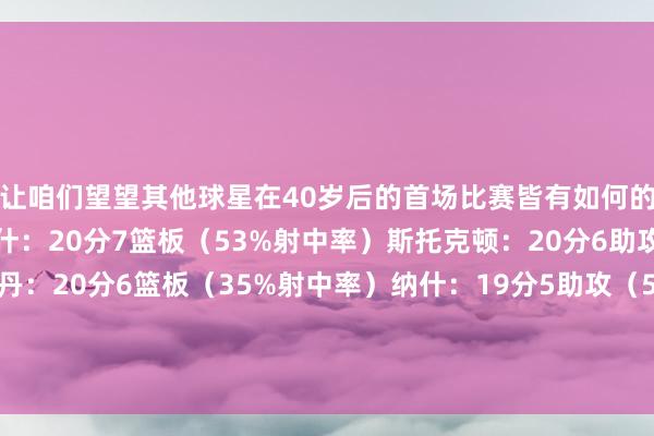 让咱们望望其他球星在40岁后的首场比赛皆有如何的推崇吧：罗伯特-帕里什：20分7篮板（53%射中率）斯托克顿：20分6助攻（64%射中率）乔丹：20分6篮板（35%射中率）纳什：19分5助攻（53%射中率）卡尔-马龙：15分10篮板9助攻贾巴尔：15分10篮板5助攻2盖帽    体育集锦